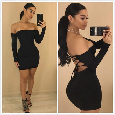 Off Shoulder Party Dresses Long Sleeve Black